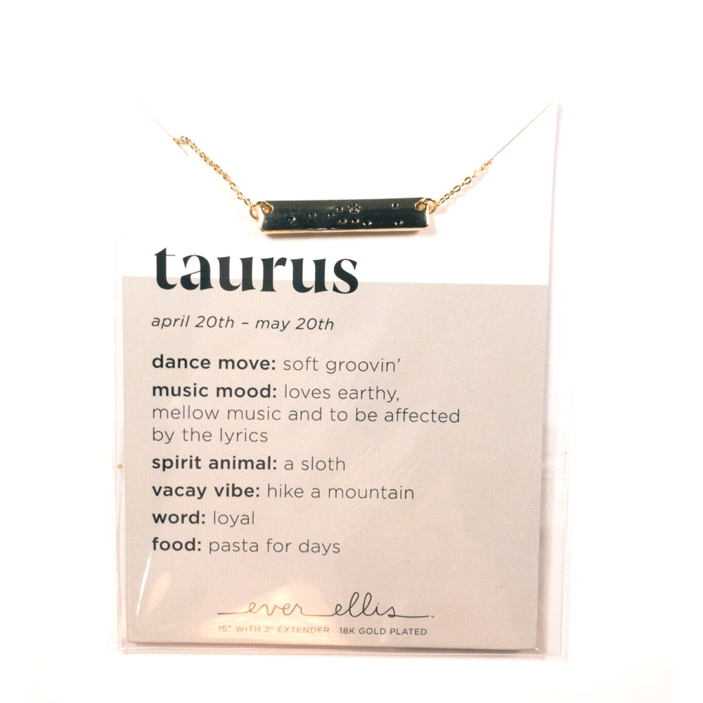 Ever Ellis Taurus Zodiac Bar Necklace | 18K Gold Plated | New